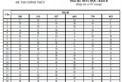 Đáp án chính thức đề thi đại học môn hóa học khối B năm  2014 của Bộ Giáo dục